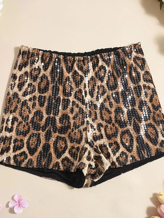 Women's Low-Rise Sequins Leopard Print Mini Shorts
