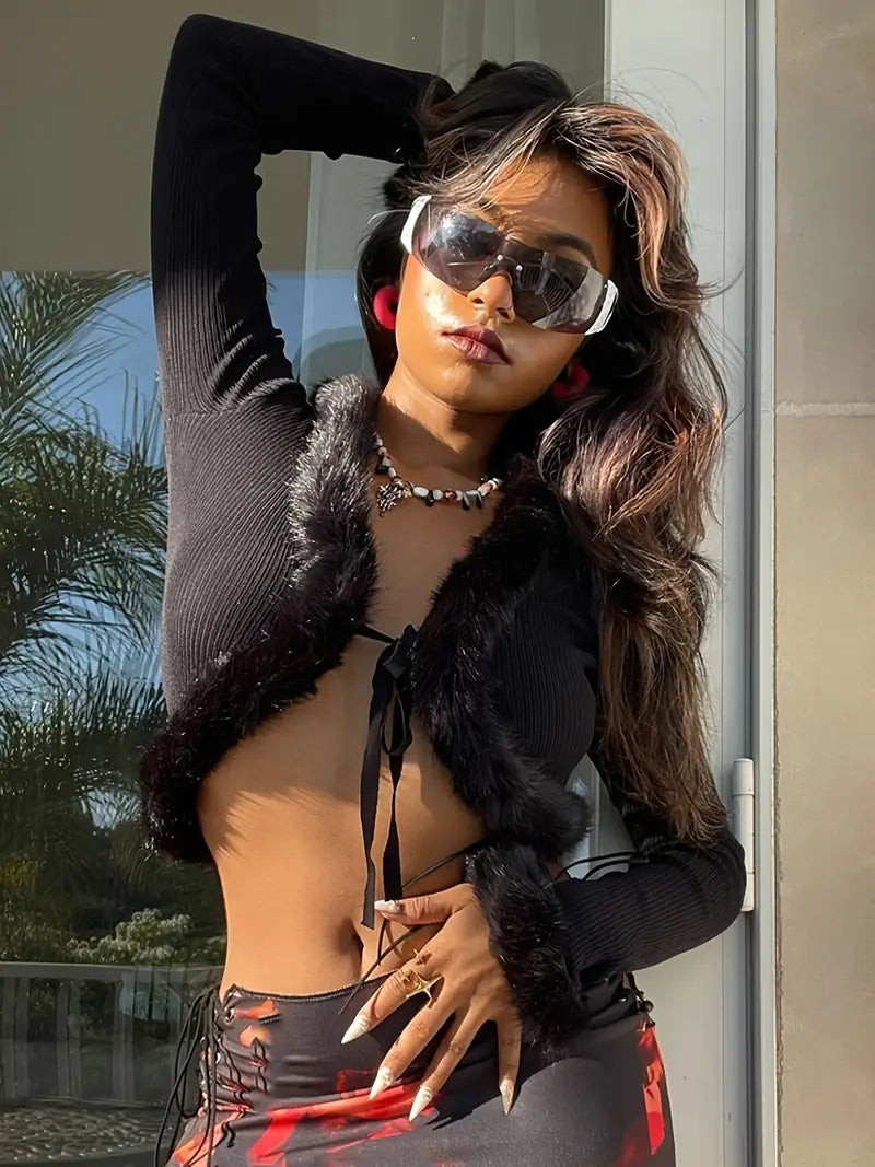 Women Tie-up Crop Tops, Adults Sexy Solid Color Long Sleeve V-neck Fur Trim Cardigan