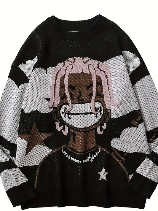 Women's Long Sleeve Cartoon Print Oversized Knitted Sweater