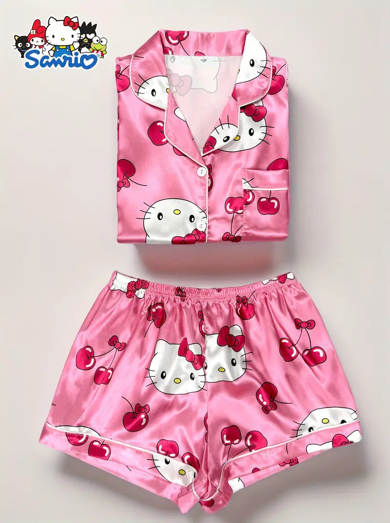 Sanrio HELLO KITTY Printed Satin Youth Pajama Set, Collar Button Open Cardigan Short Sleeve Top and Shorts Pajama Set