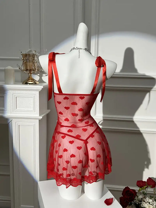 Women's Sexy Red Heart Lace Lingerie Dress with Thong Adult
