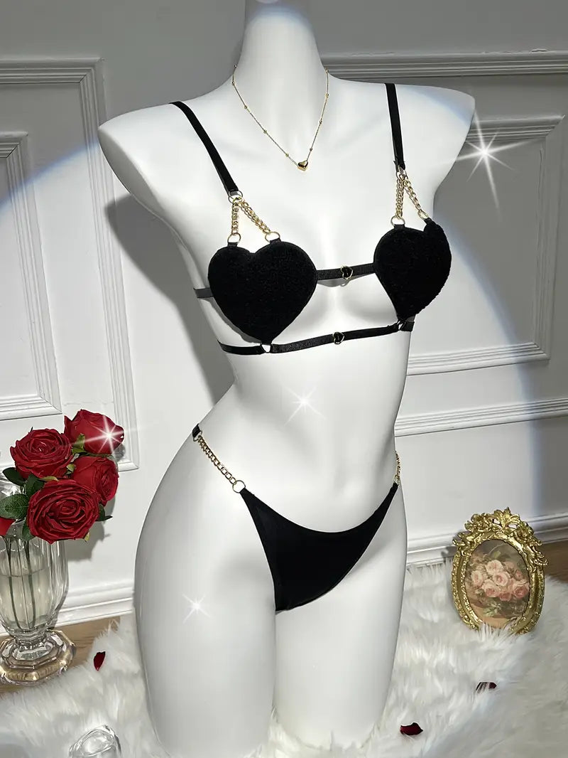 Sexy Women's 2 Piece Fuzzy Heart Shaped Lingerie Set