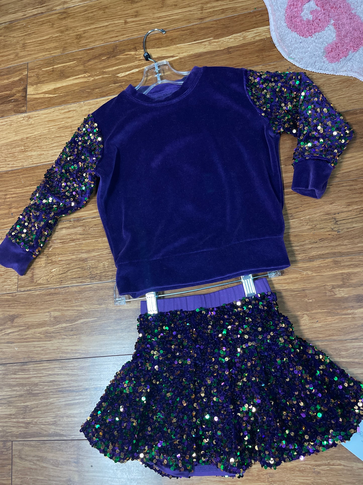 Mardi Gras Infant Toddler Long Sleeve Sequins Sweatshirt with Matching Skort Set