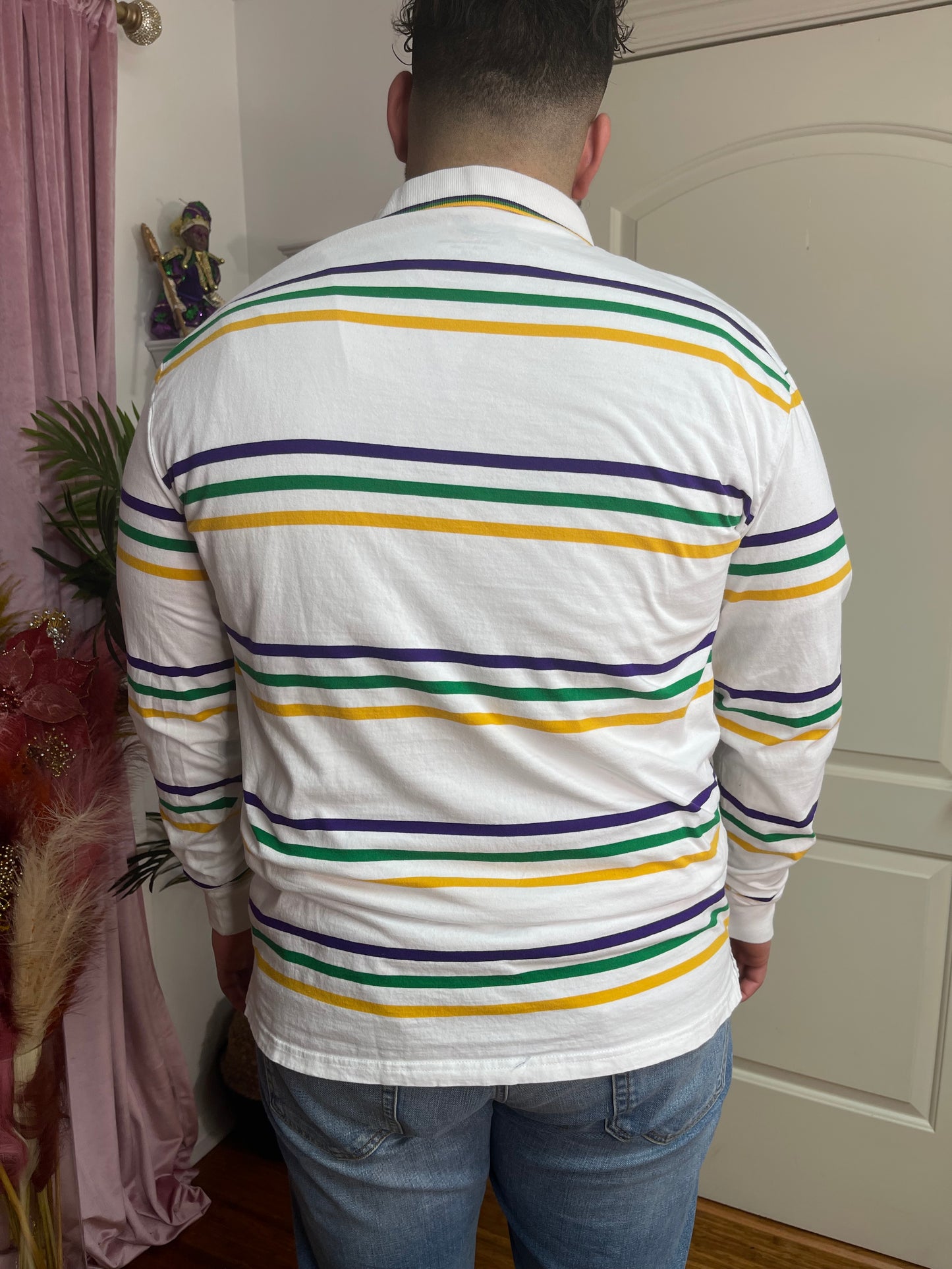 Long Sleeve Thin Tri-Stripe Button Polo Shirt Mardi Gras for Men and Women