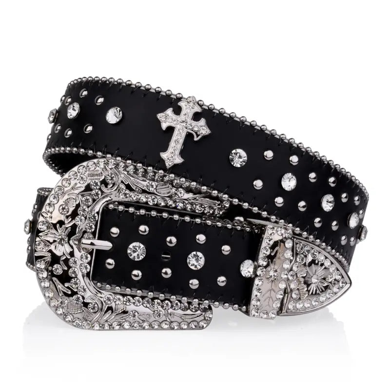 Black Cross Rivet Belt Engraved Buckle Rhinestone Decor PU Belt Punk Western Cowboy Cowgirl Belts