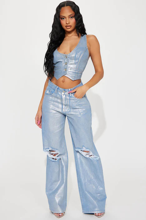 HIGH WAISTED FOIL DISTRESSED BAGGY JEANS