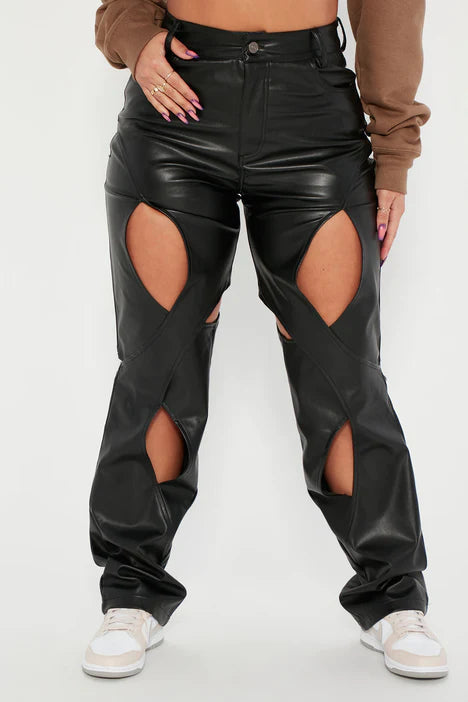 CHIC PU LEATHER HIGH WAISTED CUT OUT PANTS