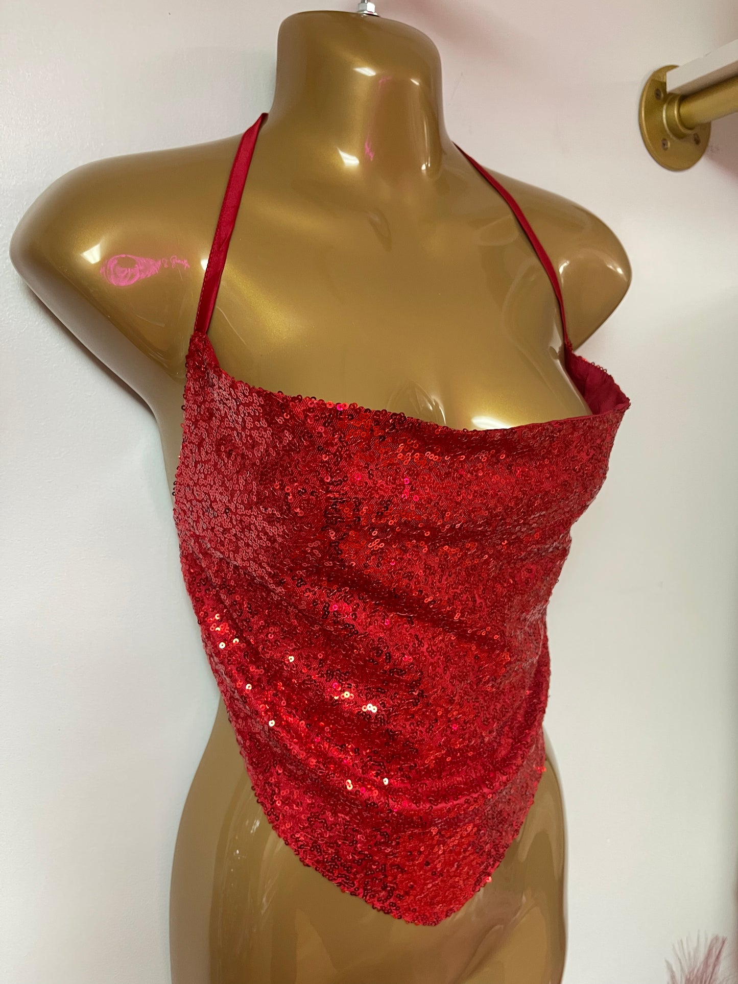 Women's Draped Front Backless Crop Sequin Halter Top RED