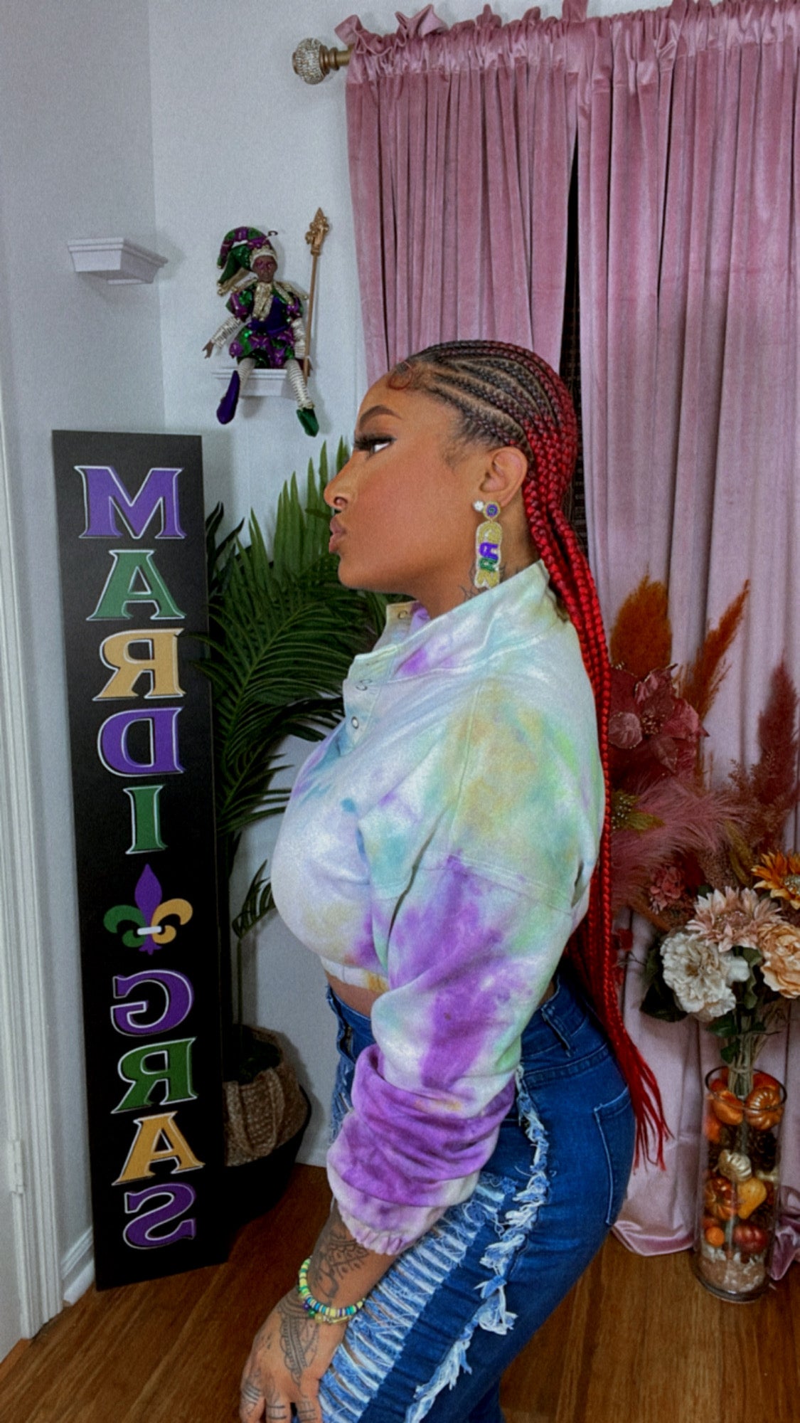 Long sleeve Tie Dye Crop Sweatshirt Mardi Gras