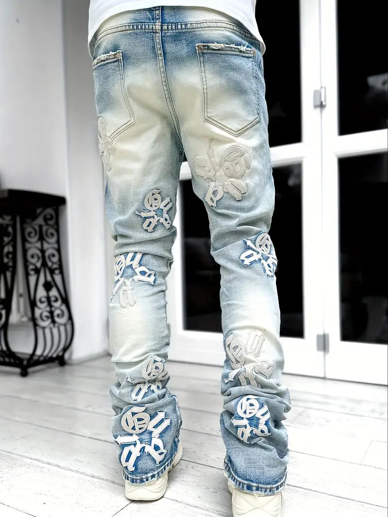 Men's Casual Letter Embroidery Distressed Jeans