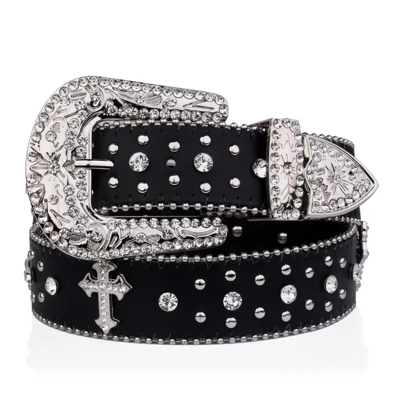 Black Cross Rivet Belt Engraved Buckle Rhinestone Decor PU Belt Punk Western Cowboy Cowgirl Belts