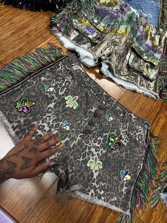 CHEETAH FEVER CUSTOM MARDI GRAS SHORTS
