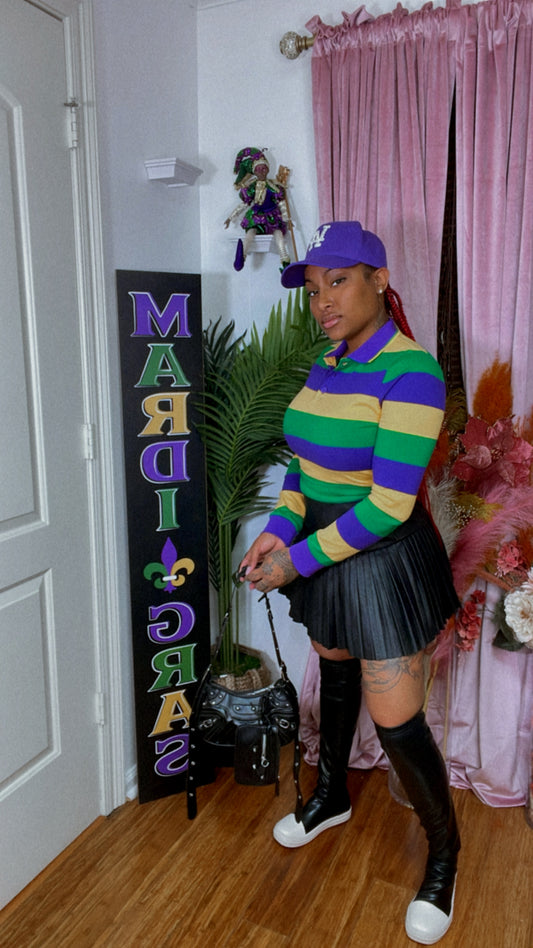 Womens Long Sleeve Striped Polo Shirt Mardi Gras