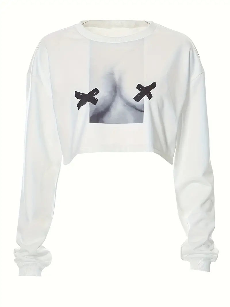 WOMENS LONG SLEEVE GRAPHIC PRINT CROP TOP "X MARKS THE SPOT" SHIRT