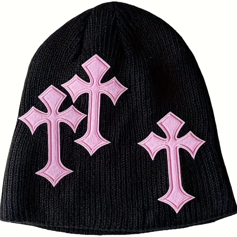 Gothic Cross Patch Knitted Beanie Solid Color Trendy Skull Hat Hip Hop Warm Knit Hat Lightweight Unisex Ski Hat For Women and Men