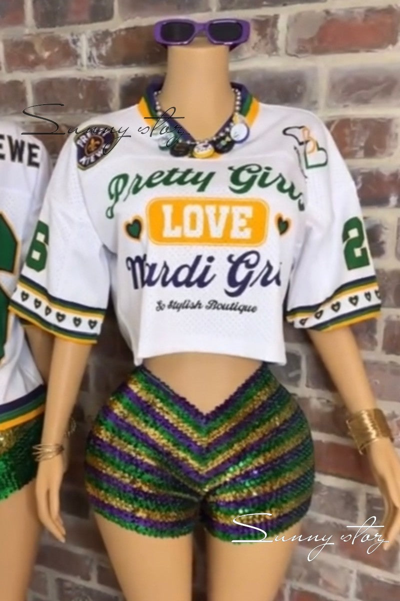 Mardi Gras V Neck Oversized Jersey Crop Top Shirt