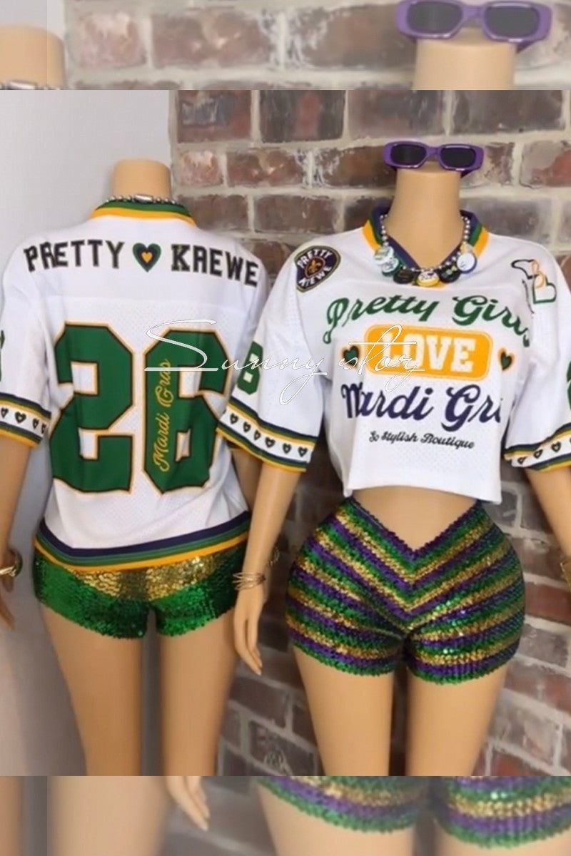 Mardi Gras V Neck Oversized Jersey Crop Top Shirt