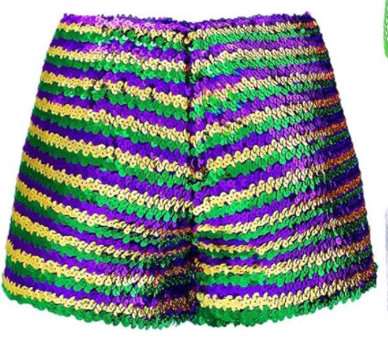 Mardi Gras Tri-Color Stripe Sequins Mini Shorts