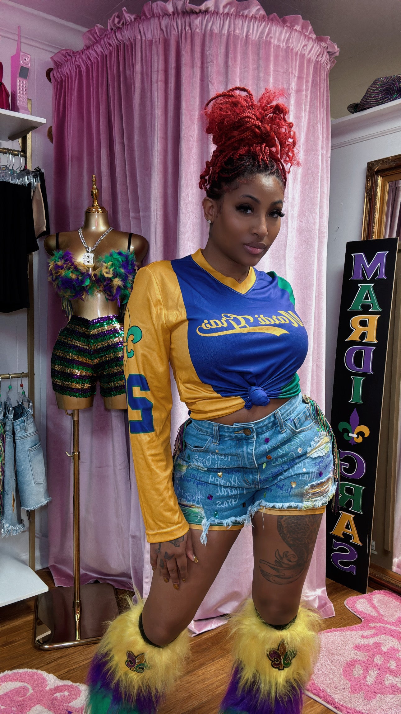 MARDI GRAS Custom "337 HAPPY MARDI GRAS" Denim Fringe Shorts