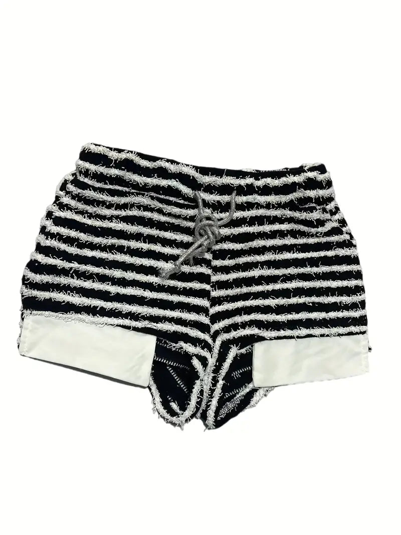 WOMENS FUZZY DRAWSTRING FLARE STRIPED SHORTS