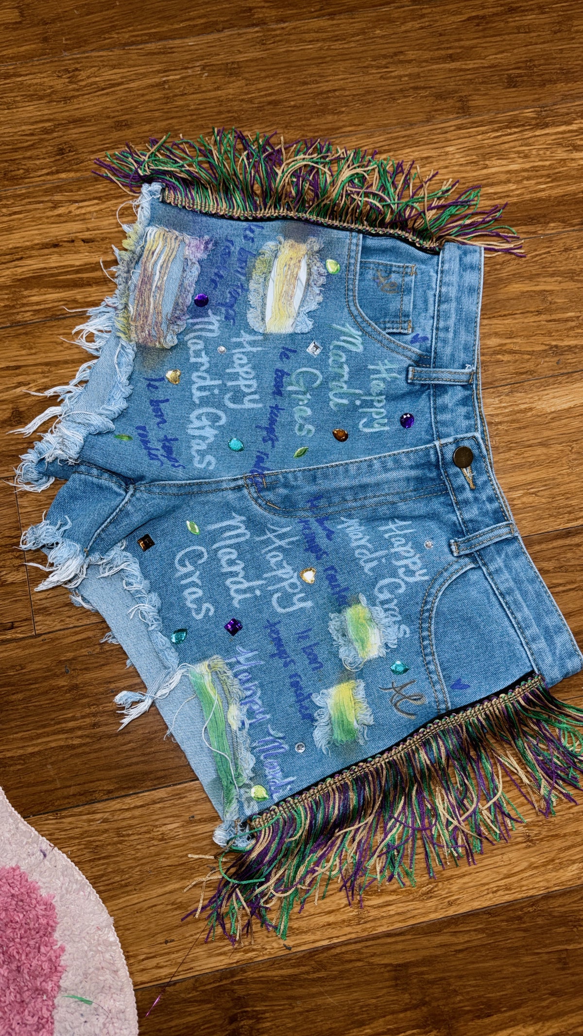 MARDI GRAS Custom "337 HAPPY MARDI GRAS" Denim Fringe Shorts