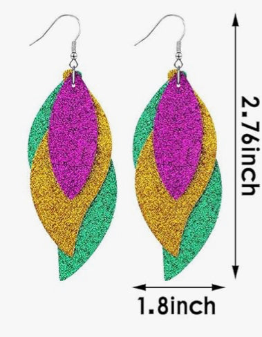 1 Pair Mardi Gras Tri-Color Feather Shape Print Earrings Accessories