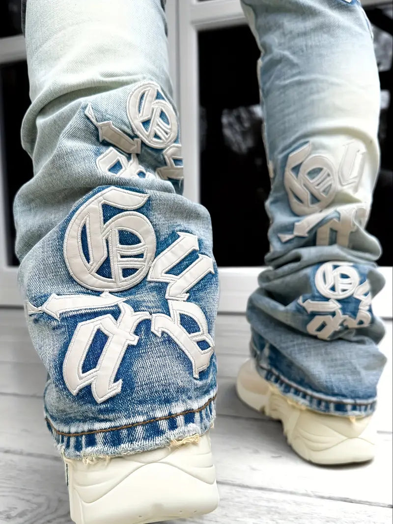 Men's Casual Letter Embroidery Distressed Jeans