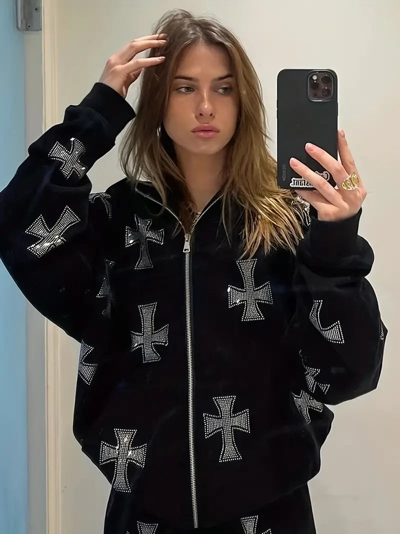 LONG SLEEVE RHINESTONE CROSS ZIP UP HOODIE JACKET