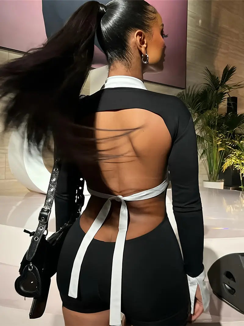 WOMEN'S BACKLESS LONG SLEEVE JUMPSUIT "BLACK BUSINESS"