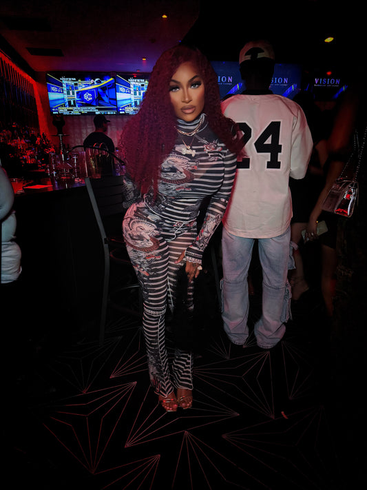 Two Piece Sets for Women Floral Dragon Print See Through Mesh Long Sleeve Crop Tops and Pants Sets