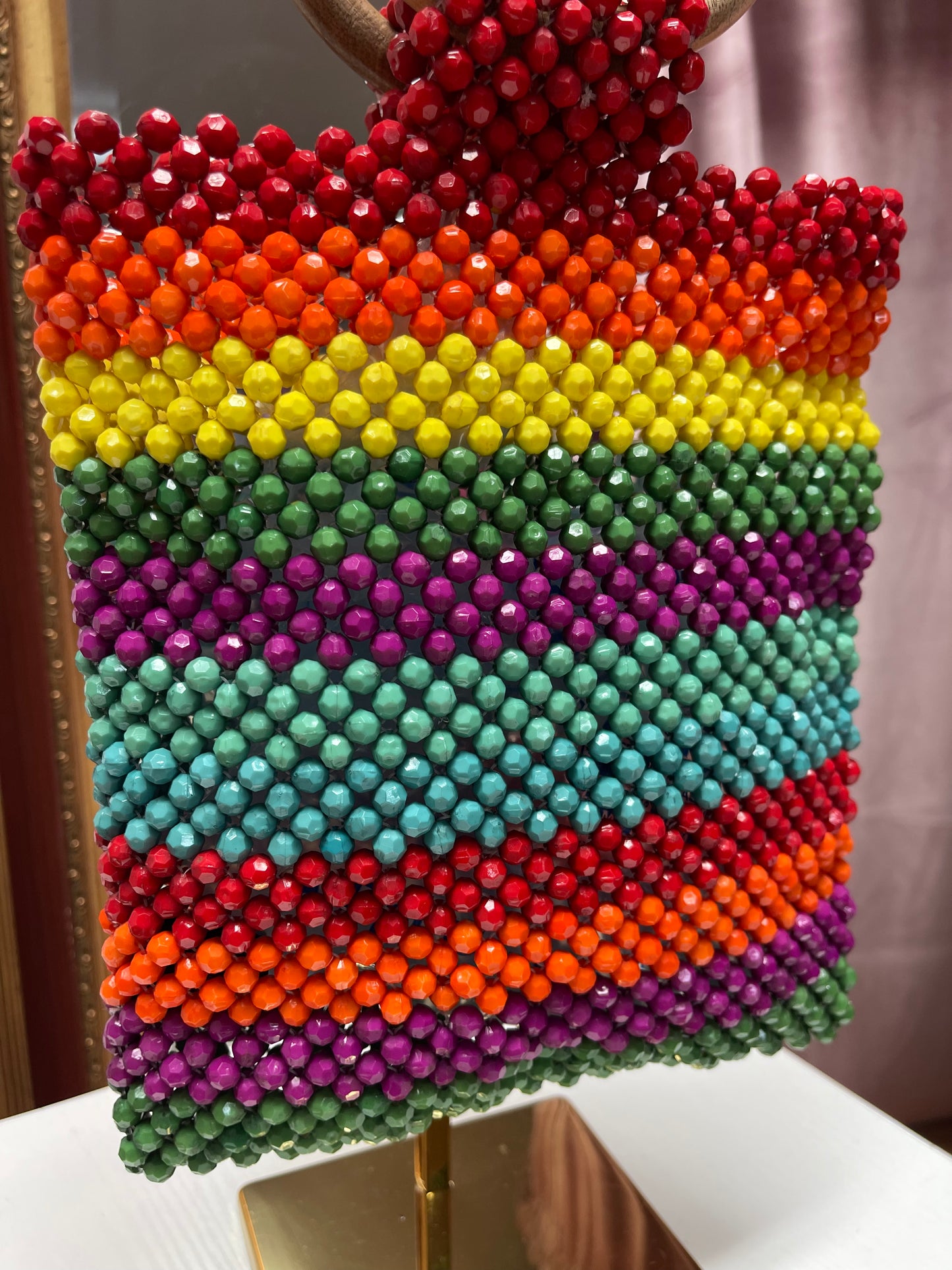 Multicolor Beaded Wooden Handle Handbag Reading Rainbow