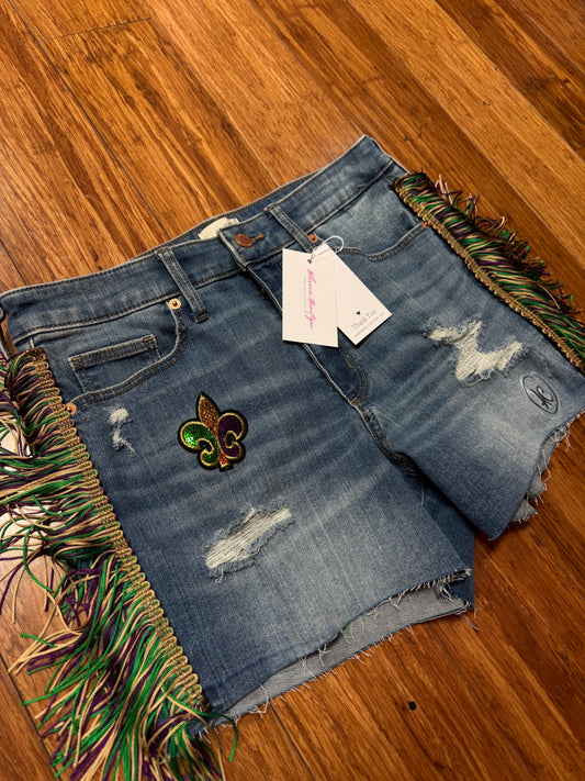 "TRI-FLEUR DE LIS MARDI GRAS FRINGE SHORTS