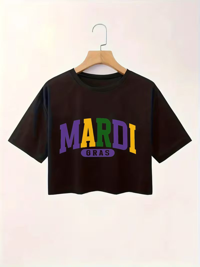 Mardi Gras Oversized Short Sleeve Crop Graphic T-Shirt