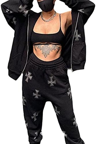 LONG SLEEVE RHINESTONE CROSS ZIP UP HOODIE JACKET