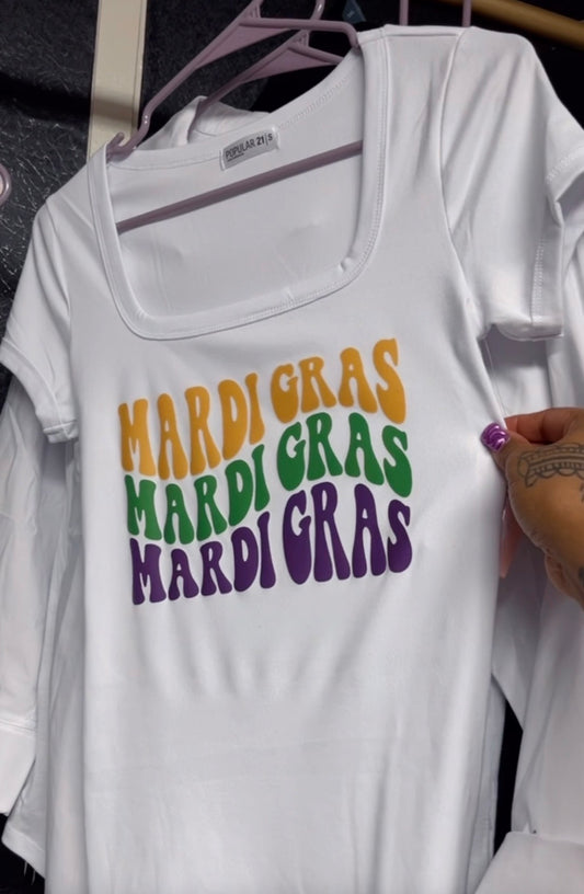 STRETCHY MARDI GRAS "TRI-COLOR" HEAT TRANSFER CUSTOM GRAPHIC SHIRT