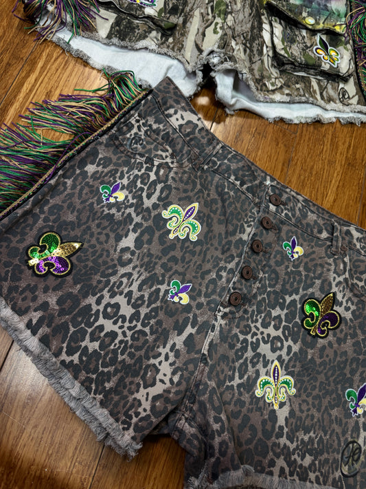 CHEETAH FEVER CUSTOM MARDI GRAS SHORTS