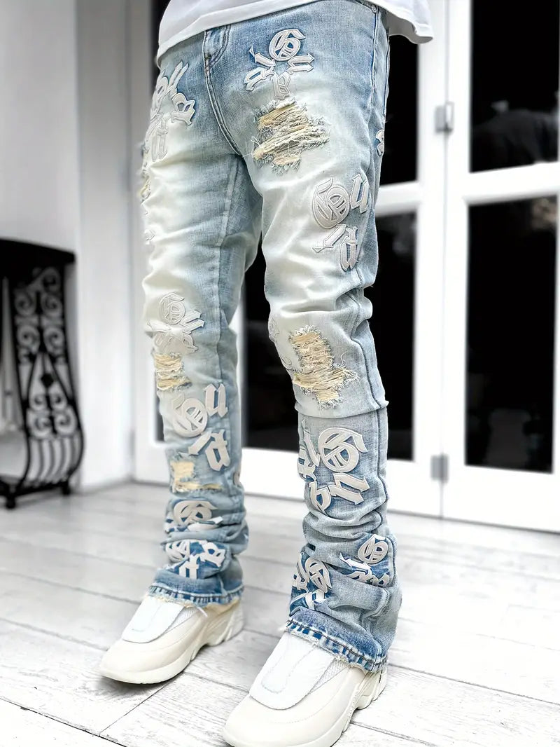 Men's Casual Letter Embroidery Distressed Jeans