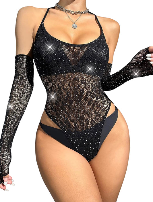 Spaghetti strap Rhinestone Leopard print Bodysuit