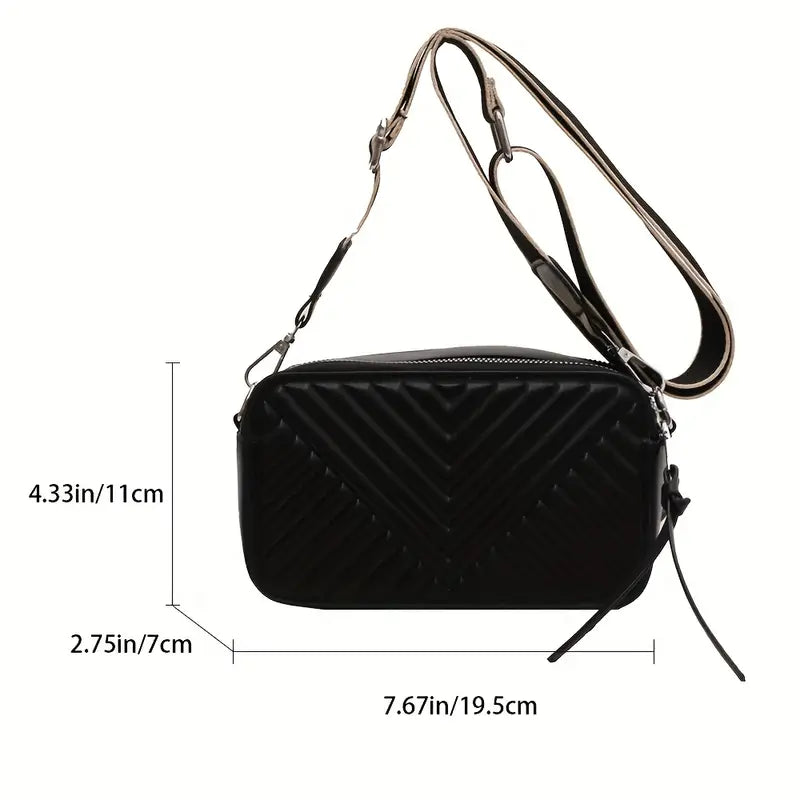 Fashion Chevron Embossed Crossbody Bag, Small Square Purse With Double Zipper, Wide Strap Shoulder Bag