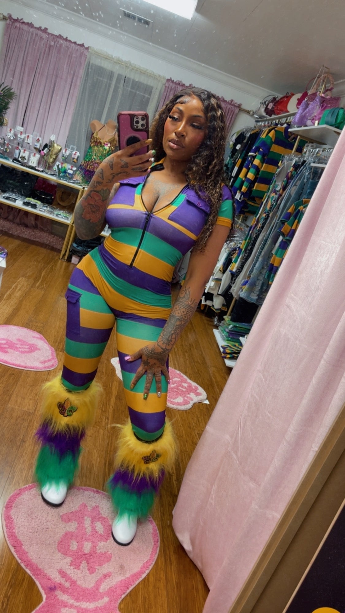 MARDI GRAS SHORT SLEEVE ONE PIECE JUMPSUIT