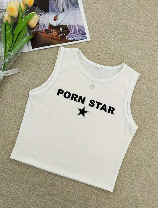 SLEEVELESS GRAPHIC PRINT PORN STAR CROP TANK TOP