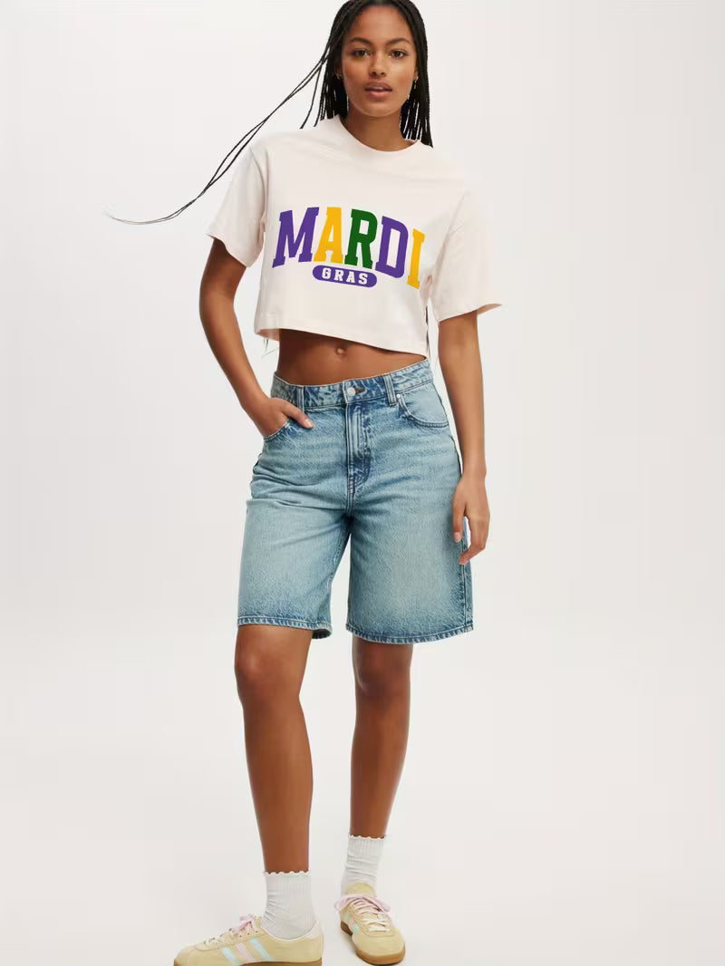 Mardi Gras Oversized Short Sleeve Crop Graphic T-Shirt