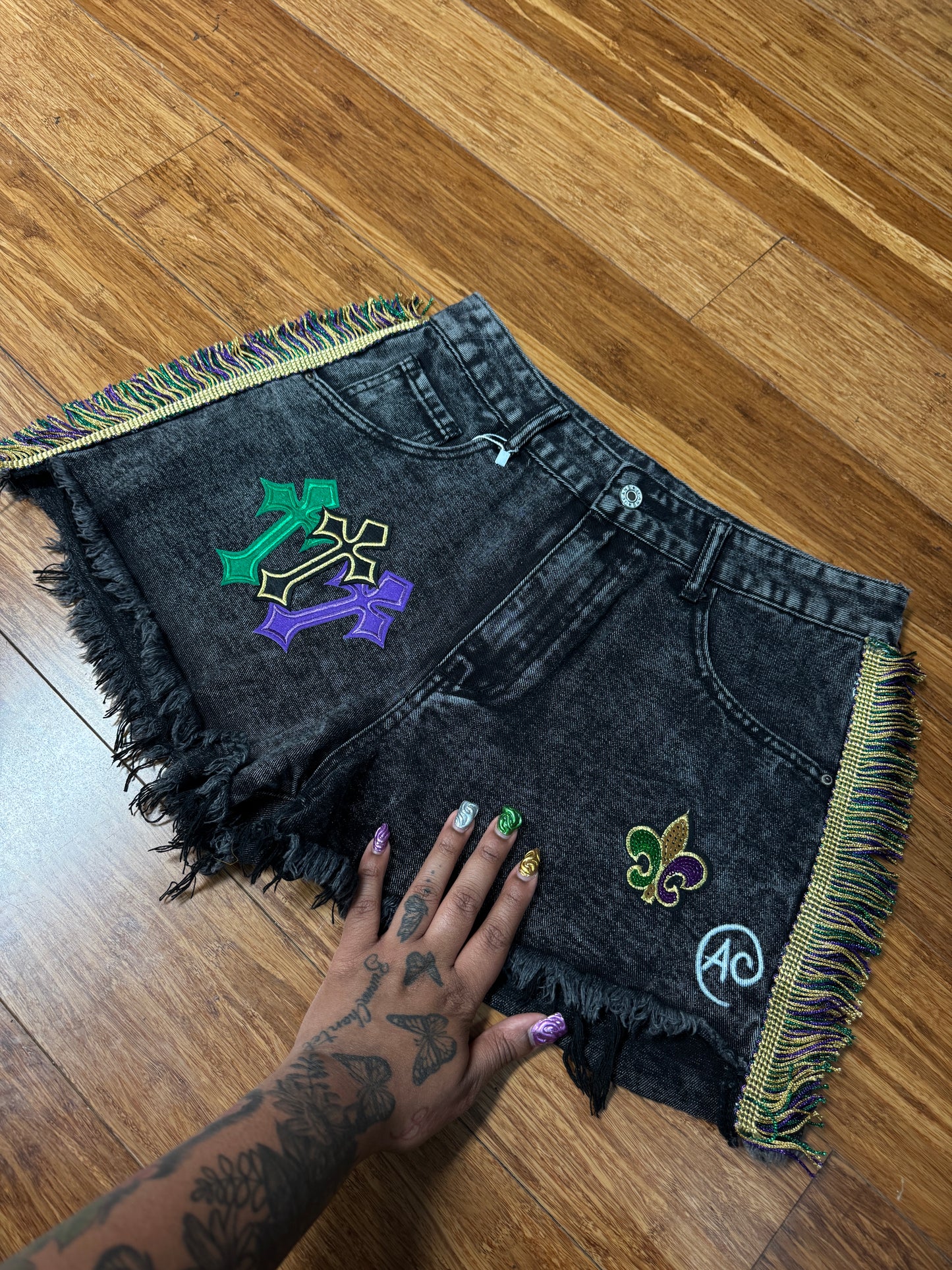 "GOTHIC MAYHEM " CUSTOM MARDI GRAS SHORTS