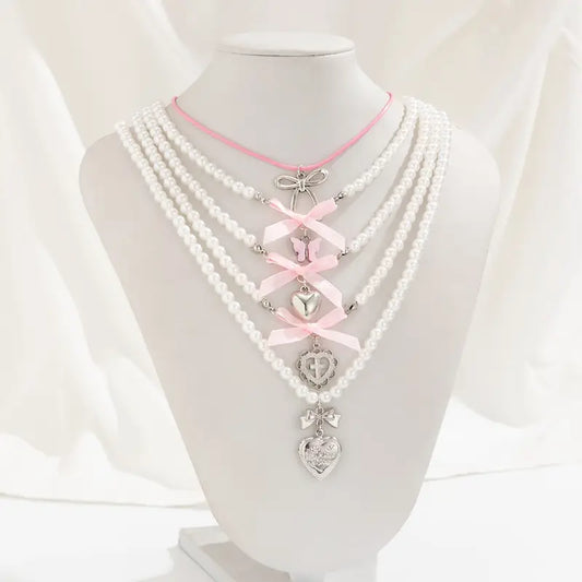 5 Heart Butterfly Pearl Necklace Set