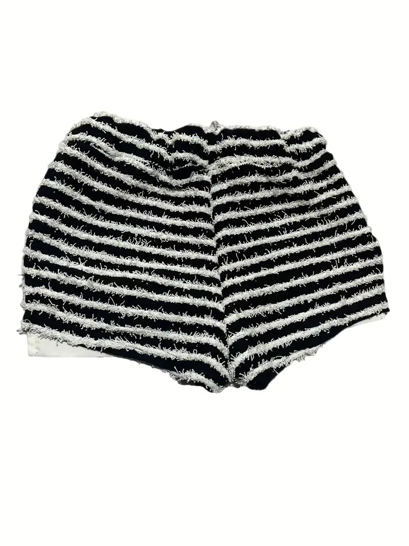 WOMENS FUZZY DRAWSTRING FLARE STRIPED SHORTS