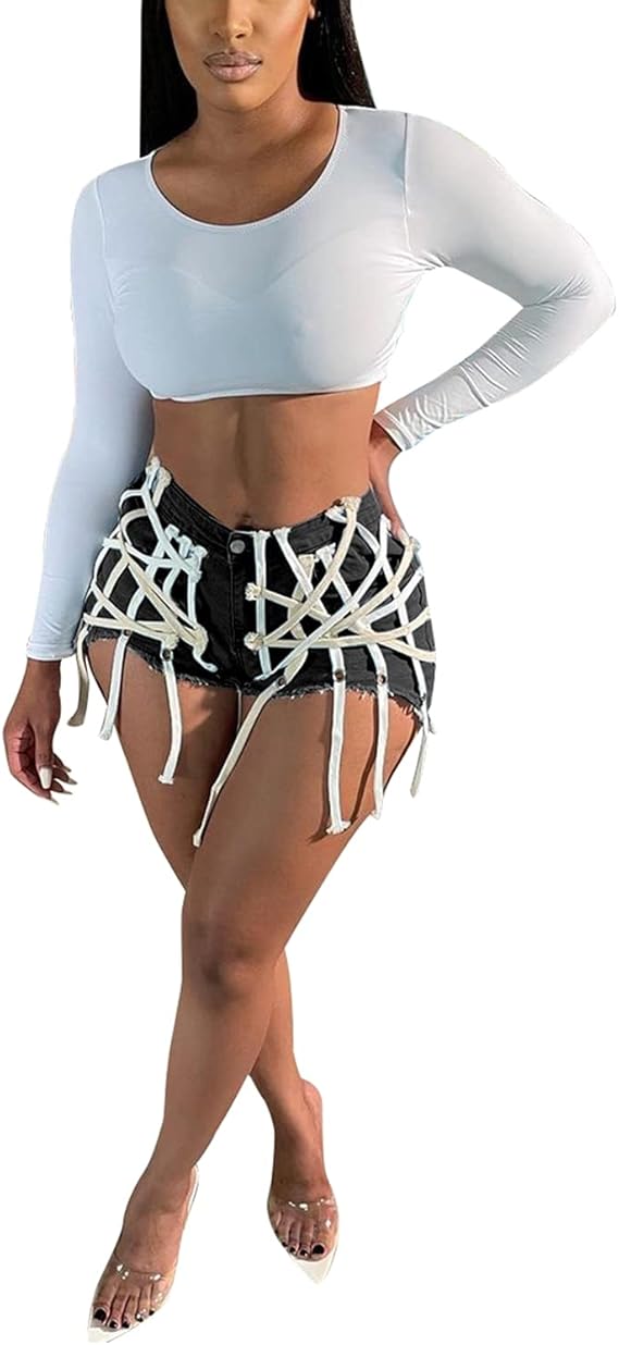 High Waisted Frayed Strap Denim Shorts