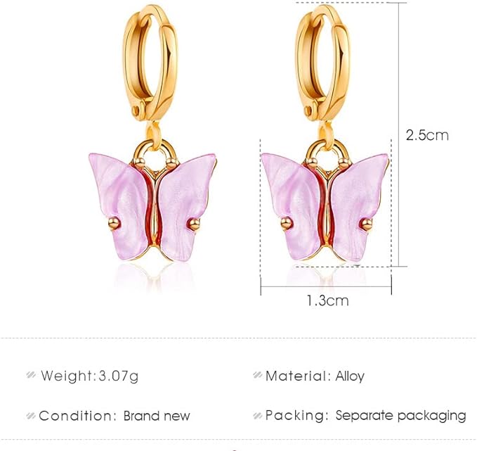 Butterfly Huggie Hoop Earrings Set for Women Girls Cute Colorful Acrylic Gold Plated Dangle Drop Statement Earrings Teen Kids Trendy Jewelry Gift