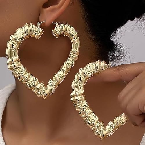 1 PAIR RHINESTONE HEART BAMBOO HOOP EARRINGS WITH RHINESTONES