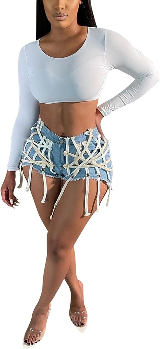 High Waisted Frayed Strap Denim Shorts