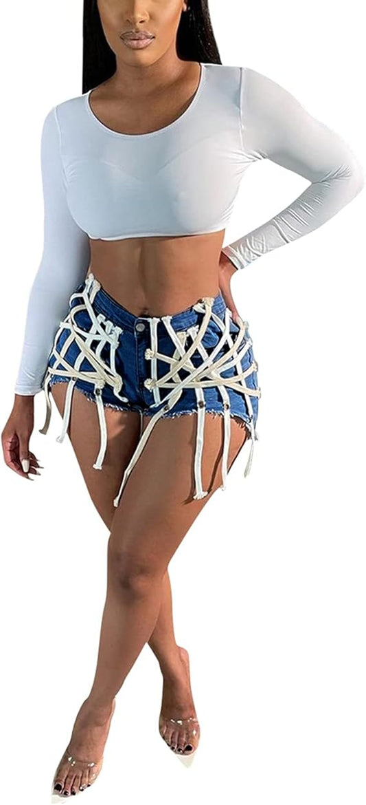 High Waisted Frayed Strap Denim Shorts